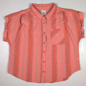Cotton & Rye Women’s XL Button Up Shirt Coral Striped Western Boho Short Sleeve